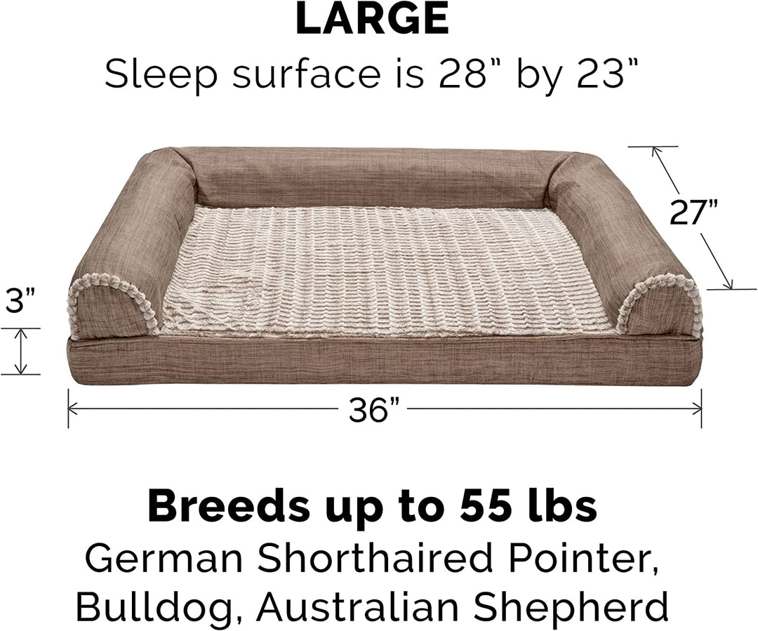 Luxury Cooling Gel Dog Bed with Removable Bolsters & Washable Cover - Perfect for Medium to Large Dogs up to 55 lbs - Stylish Woodsmoke Faux Fur & Performance Linen Design