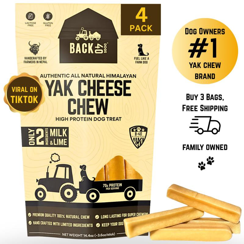 Back 40 Dogs Himalayan Yak Cheese Chews - Long-Lasting, Odorless Dental Treats for Dogs - Large 4-Pack