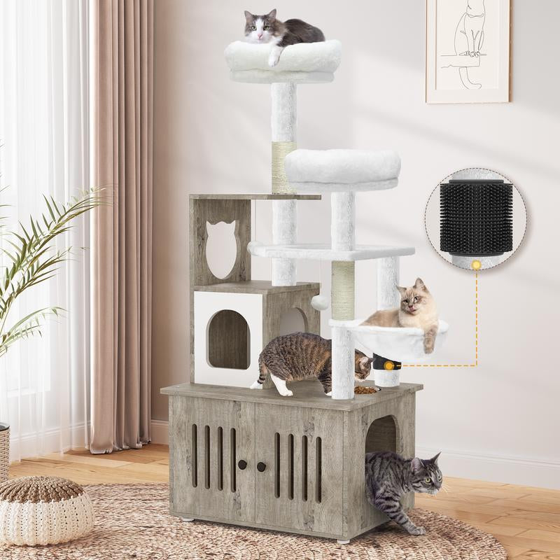 YITAHOME Cat Tree with Litter Box Enclosure, 2-In-1 Cat Furniture, Modern Cat Condo, Indoor Pet Tower with Food Station, Hammocks, Hair Brush