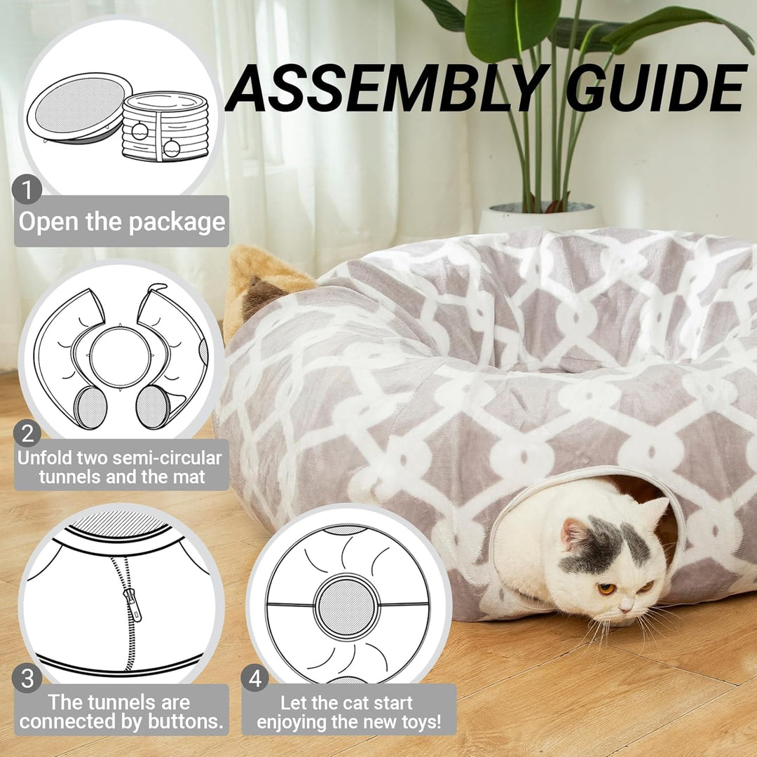 Cozy Cat Tunnel Bed with Plush Cover, Fluffy Toy Balls & Cushion - Flexible 3 Ft Design for Cats & Small Dogs - Stylish Gray Geometric Pattern