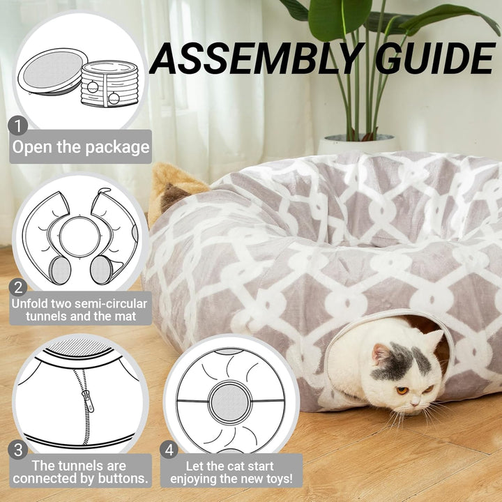 Cozy Cat Tunnel Bed with Plush Cover, Fluffy Toy Balls & Cushion - Flexible 3 Ft Design for Cats & Small Dogs - Stylish Gray Geometric Pattern