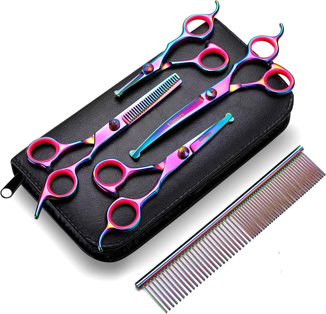 Ultimate 6-in-1 Professional Grooming Scissors for Dogs & Cats - Heavy Duty Titanium Coated with Safety Round Tip