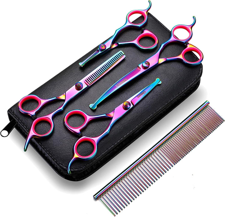 Ultimate 6-in-1 Professional Grooming Scissors for Dogs & Cats - Heavy Duty Titanium Coated with Safety Round Tip
