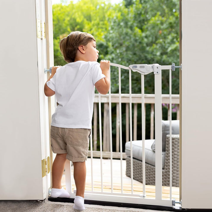 Auto-Close Baby Gate for Stairs - 29-39.6" Adjustable Safety Gate for Pets, One-Hand Opening, 30" Tall, No Drill Wall Pressure Mount - White