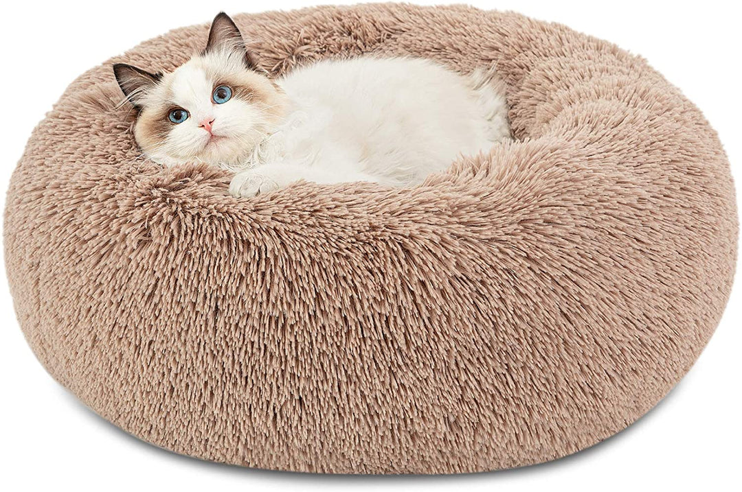Cozy Camel Calming Cat Bed - Plush Washable Round Pet Bed for Indoor Cats, 20 Inches, Anti-Slip Design, Perfect for Cats Up to 15 lbs