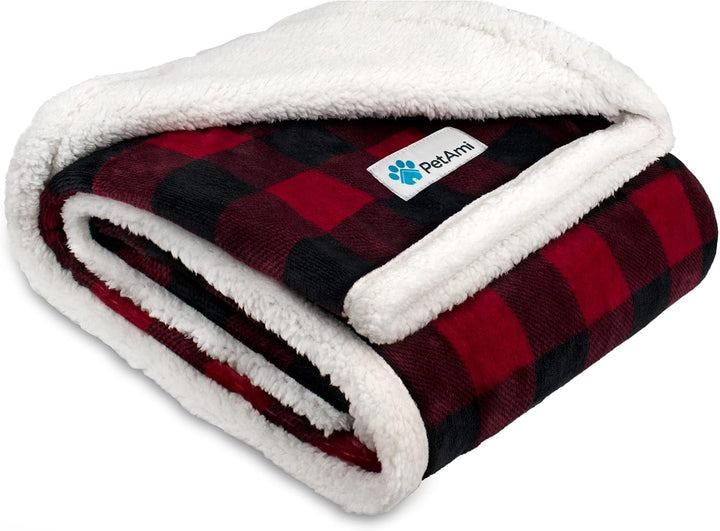Reversible Waterproof Sherpa Fleece Dog Blanket - Leakproof Couch Cover for Medium to XL Dogs & Cats, Soft & Washable 80x60 Red Checker Plaid