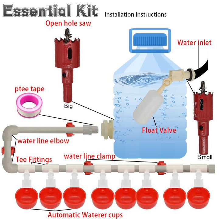 Ultimate Automatic Chicken Watering System - Complete DIY Kit with Water Cups, Feeder, and PVC Tee Pipe for Chickens, Ducks, and Quails