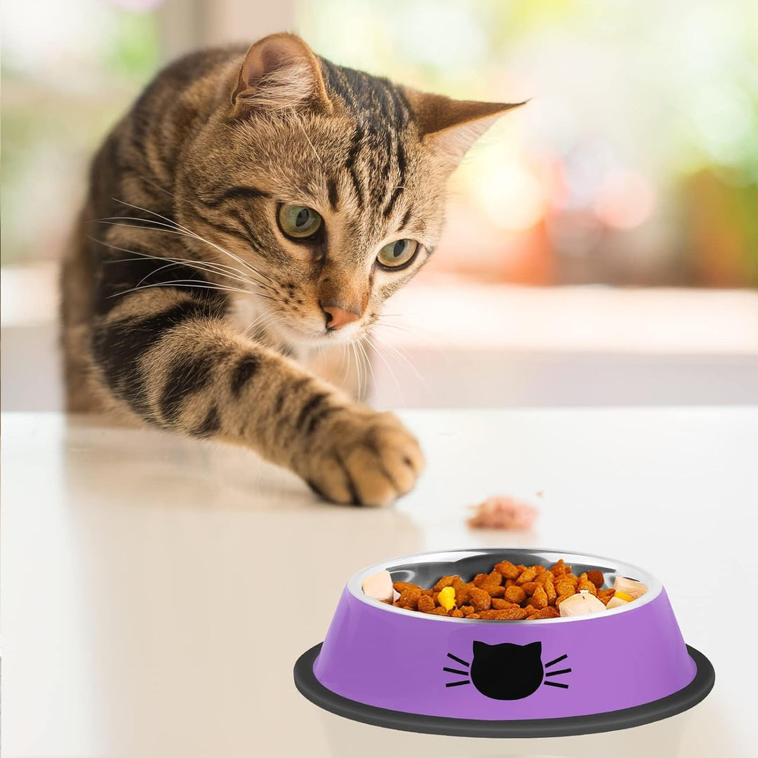 Stylish Non-Slip Stainless Steel Cat Bowls - 2 Pack, 7 Oz Unbreakable with Removable Rubber Base, Easy to Clean for Small Pets