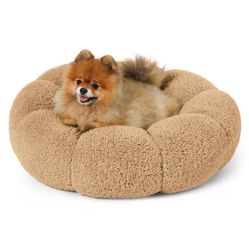 Lesure Calming Flower Donut Bed - Plush Teddy Sherpa Round Dog Bed, Non-Slip & Machine Washable for Cozy Indoor Comfort