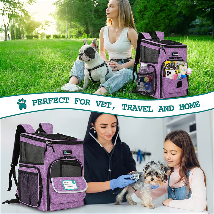 Airline Approved Dog & Cat Backpack Carrier - Ventilated Soft-Sided Pet Carrier for Travel, Hiking & Camping - Fits Pets Up to 18 lbs - Stylish Purple Design