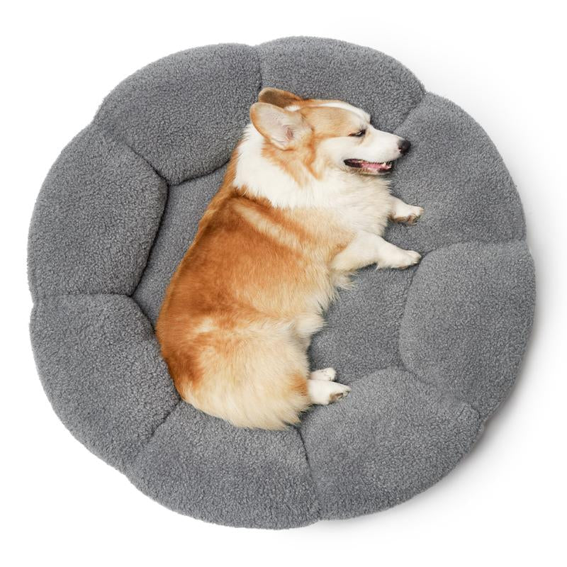 Lesure Calming Flower Donut Bed - Plush Teddy Sherpa Round Dog Bed, Non-Slip & Machine Washable for Cozy Indoor Comfort