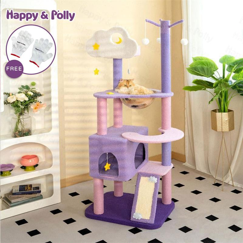 Petlife 65" Moonlight Deluxe Cat Tree Condo Jumbo, Multi-Color Purple, Multi-Level Platforms, Acrylic Hammock, Sisal Boards, Hanging Interactive Toys