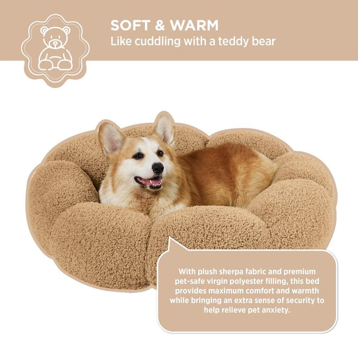 Lesure Calming Flower Donut Bed - Plush Teddy Sherpa Round Dog Bed, Non-Slip & Machine Washable for Cozy Indoor Comfort
