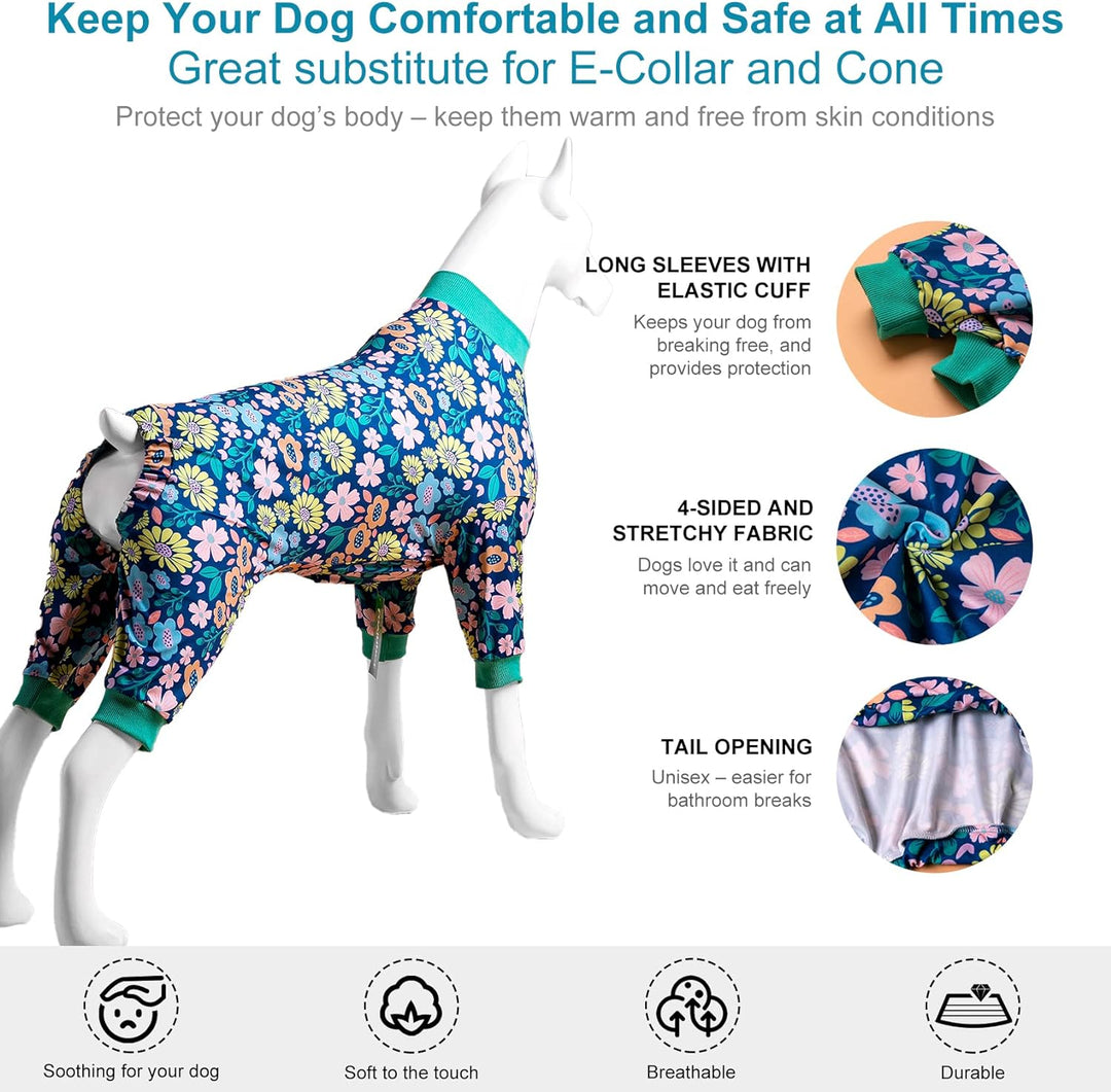 Post-Surgery Dog Onsie for Big Dogs - Lightweight Pajamas for Pitbulls in Blue Green, Size L