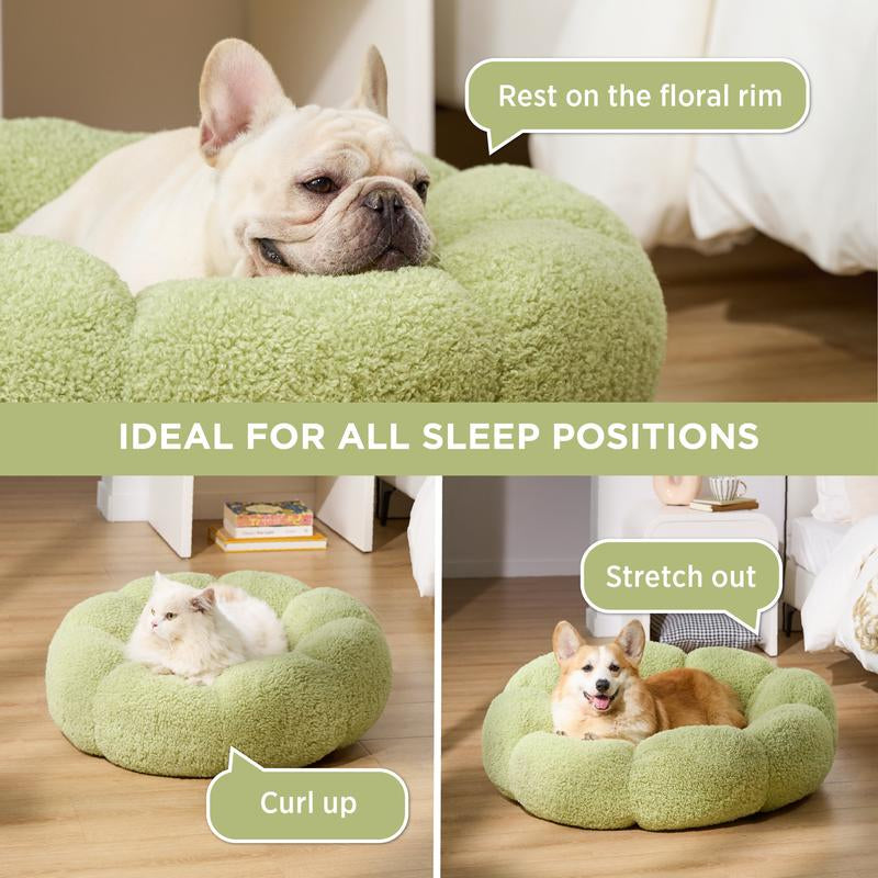 Lesure Calming Flower Donut Bed - Plush Teddy Sherpa Round Dog Bed, Non-Slip & Machine Washable for Cozy Indoor Comfort