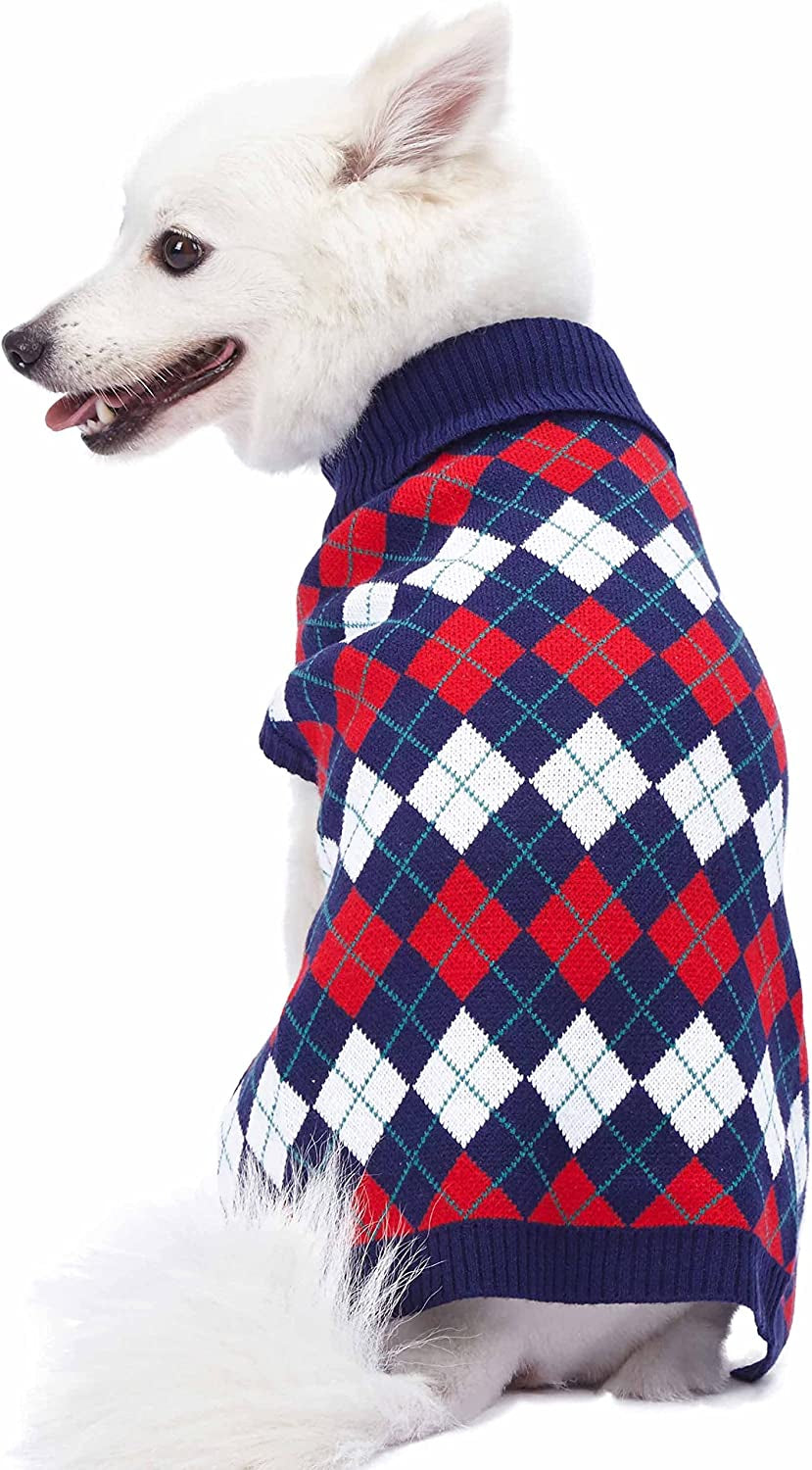Stylish Navy Blue Argyle Dog Sweater - Perfect Fit for Small Dogs (10" Back Length)