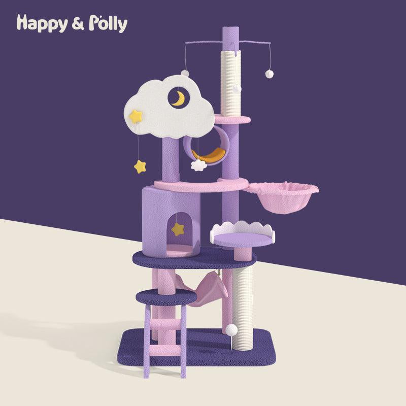 Petlife 65" Moonlight Deluxe Cat Tree Condo Jumbo, Multi-Color Purple, Multi-Level Platforms, Acrylic Hammock, Sisal Boards, Hanging Interactive Toys