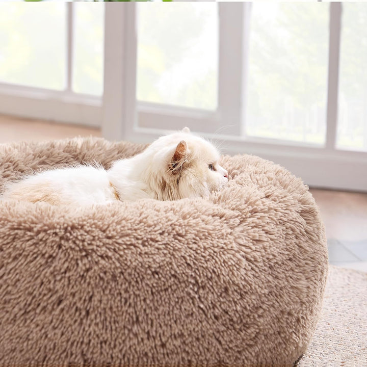 Cozy Camel Calming Cat Bed - Plush Washable Round Pet Bed for Indoor Cats, 20 Inches, Anti-Slip Design, Perfect for Cats Up to 15 lbs