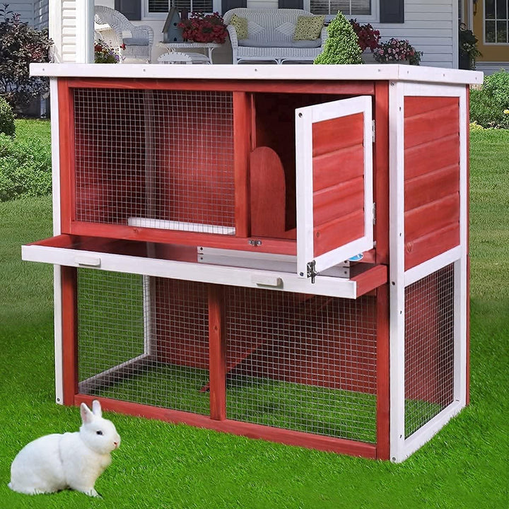 Deluxe Rabbit Hutch & Guinea Pig Cage - Indoor/Outdoor Pet House with Waterproof Roof & Easy Clean Pull-Out Tray (Red)