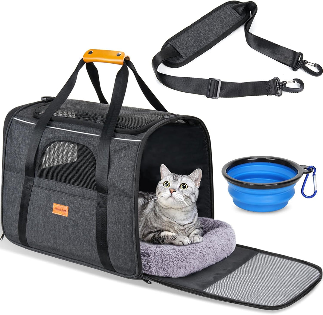 Premium Soft-Sided Cat Carrier for Large Cats & Puppies - Airline Approved, Safety Zippers, Foldable Bowl - Stylish Dark Gray