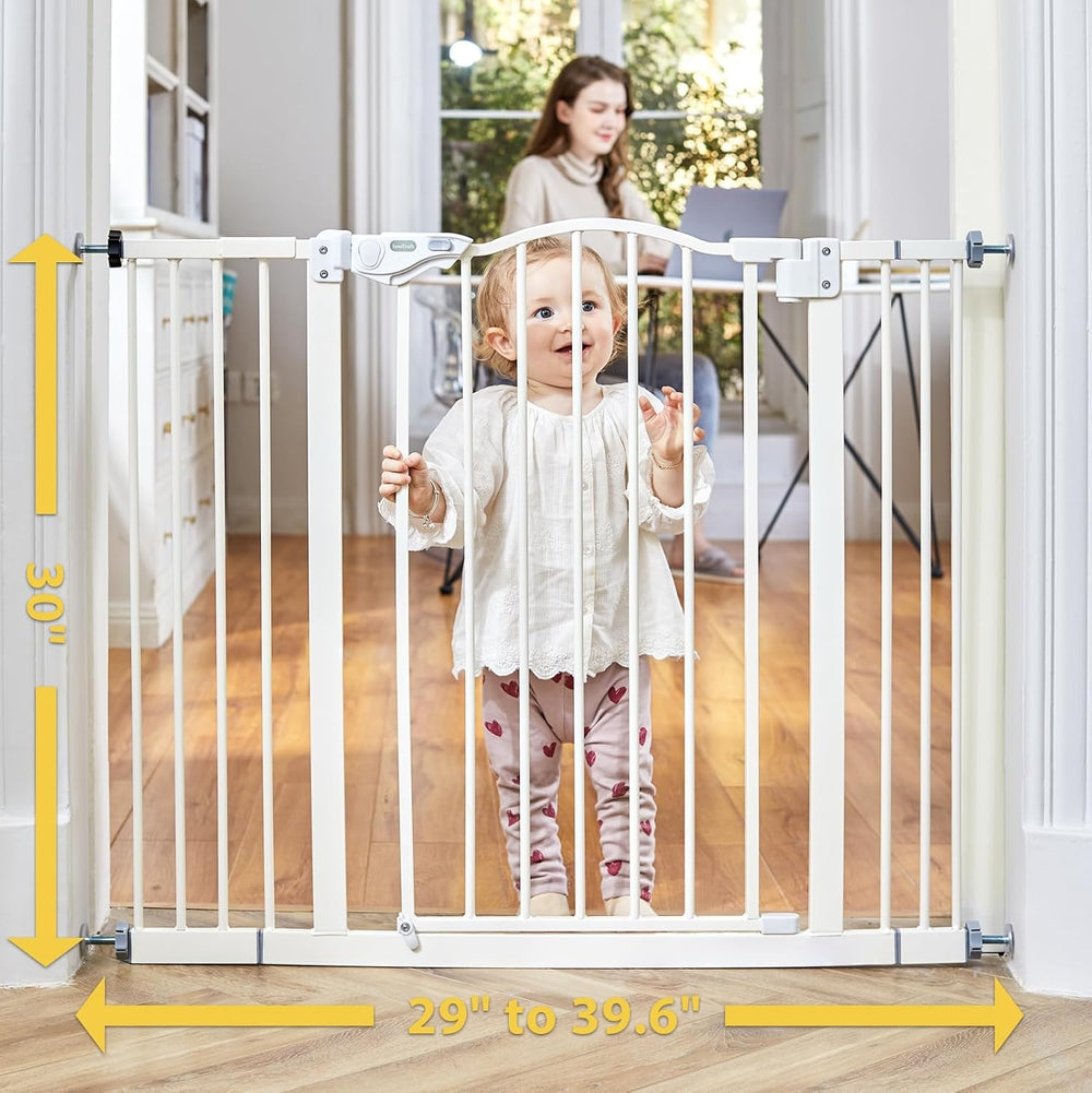 Auto-Close Baby Gate for Stairs - 29-39.6" Adjustable Safety Gate for Pets, One-Hand Opening, 30" Tall, No Drill Wall Pressure Mount - White