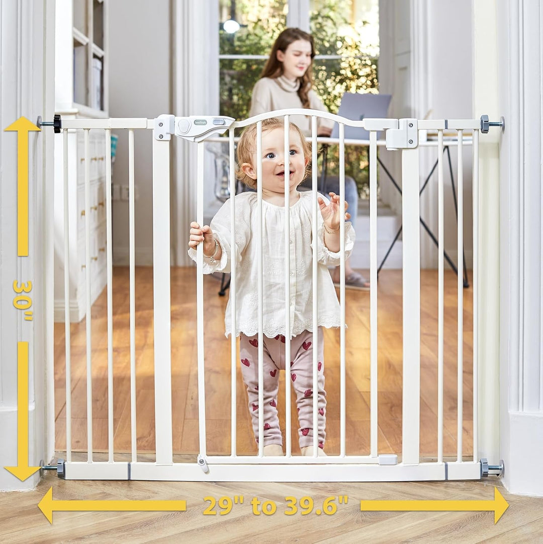 Auto-Close Baby Gate for Stairs - 29-39.6" Adjustable Safety Gate for Pets, One-Hand Opening, 30" Tall, No Drill Wall Pressure Mount - White