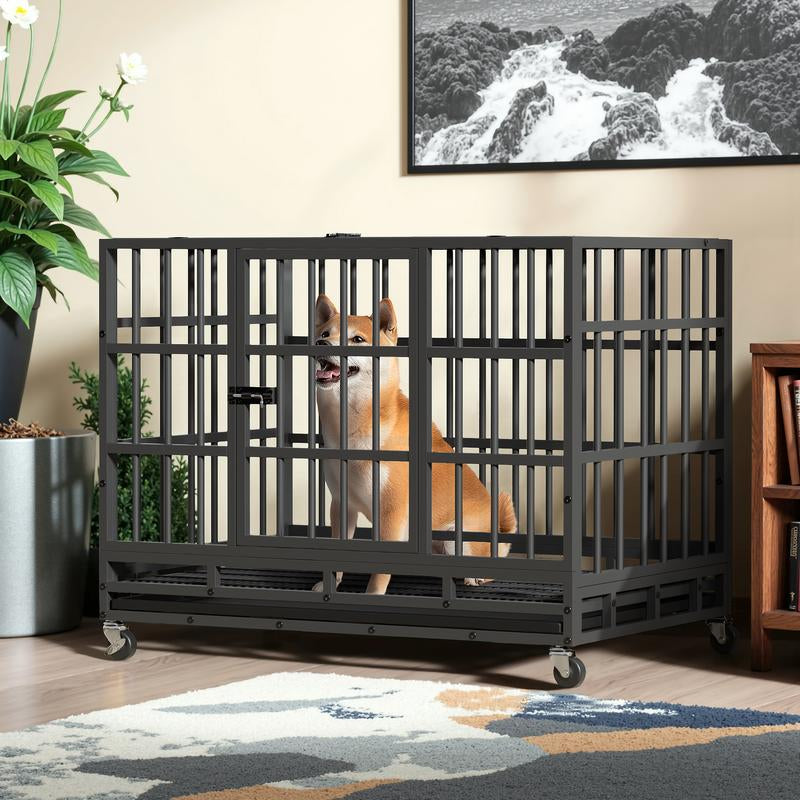 WARCAT Heavy-Duty 48/38-Inch Escape-Proof Metal Dog Crate Kennel for Large Breeds Dual-Door Security, Locking Casters & Slide-Out Tray Indoor/Outdoor Use Chicken Coop Mobile Hen House Outdoor