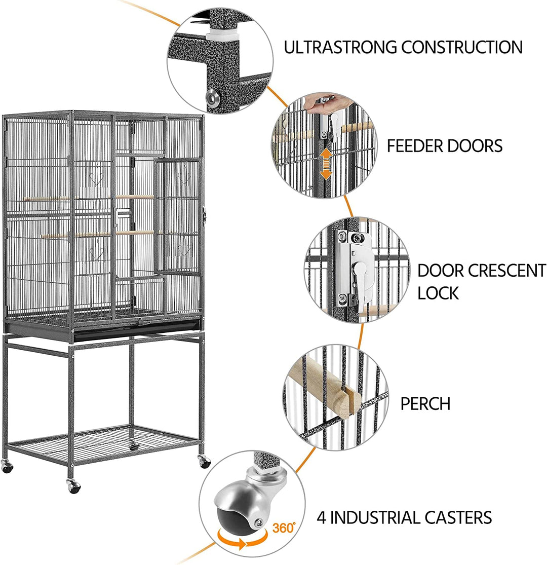 Large 54-Inch Wrought Iron Parrot Flight Cage with Stand - Ideal for Small Parrots, Parakeets, Lovebirds, Finches, and Canaries
