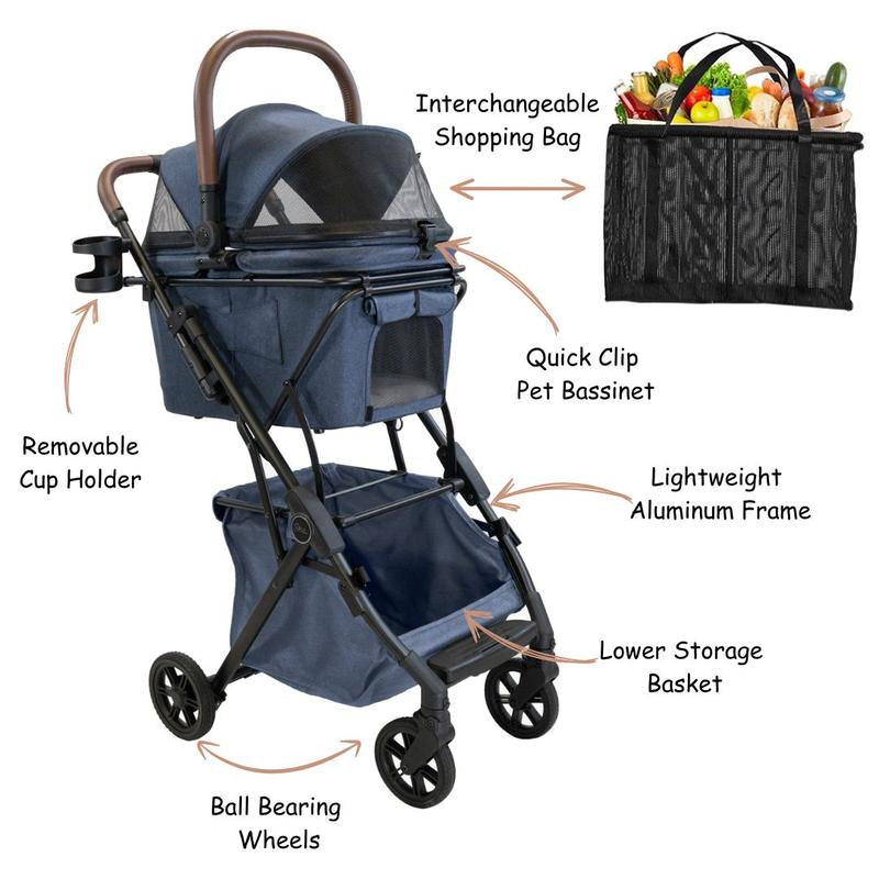 Strolee Luxury Pet Stroller V3 – Complete Travel System & Personal Shopping Cart –Quick Clip Bassinet Canopy, Lightweight Aluminum Frame – Ultra Compact Fold- Water Resistant Removable Carrier