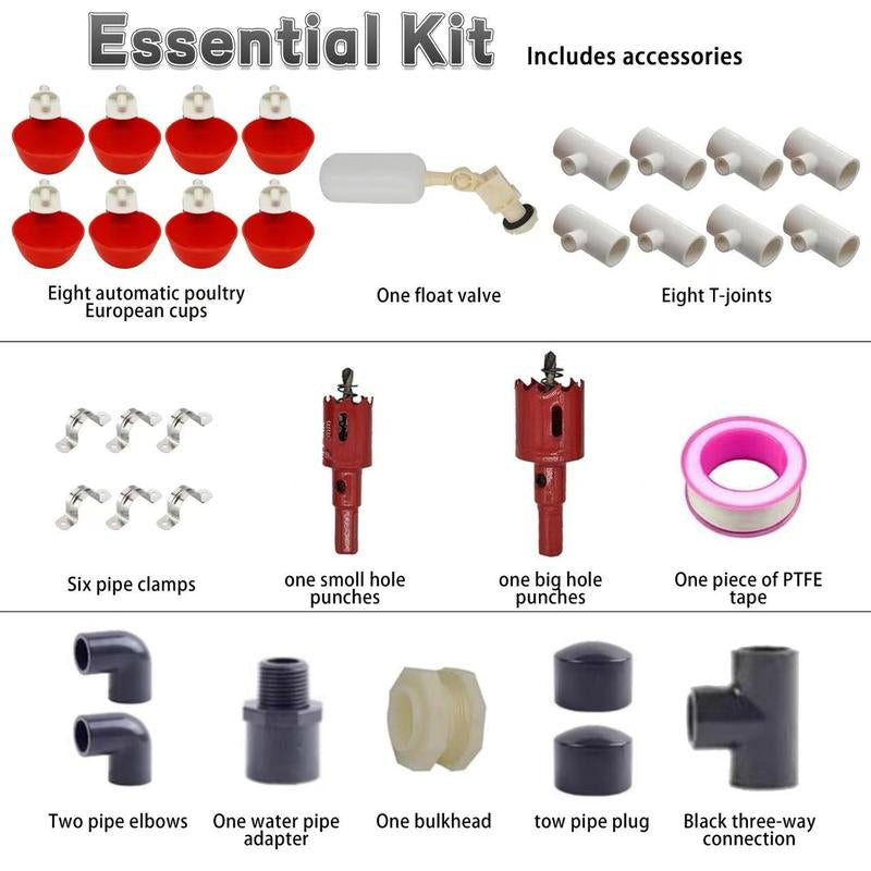 Ultimate Automatic Chicken Watering System - Complete DIY Kit with Water Cups, Feeder, and PVC Tee Pipe for Chickens, Ducks, and Quails