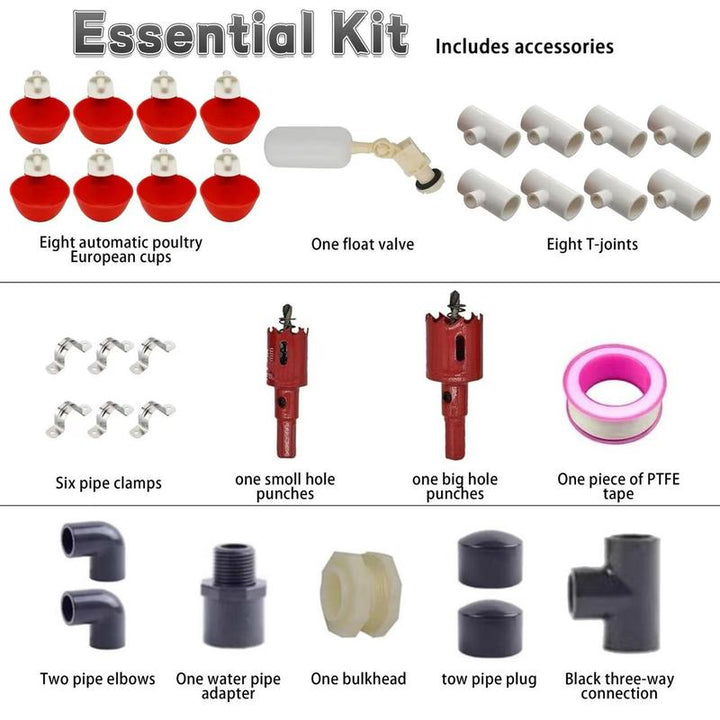 Ultimate Automatic Chicken Watering System - Complete DIY Kit with Water Cups, Feeder, and PVC Tee Pipe for Chickens, Ducks, and Quails