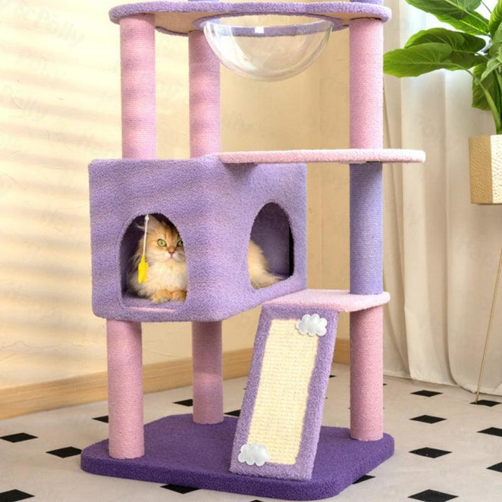 Petlife 65" Moonlight Deluxe Cat Tree Condo Jumbo, Multi-Color Purple, Multi-Level Platforms, Acrylic Hammock, Sisal Boards, Hanging Interactive Toys