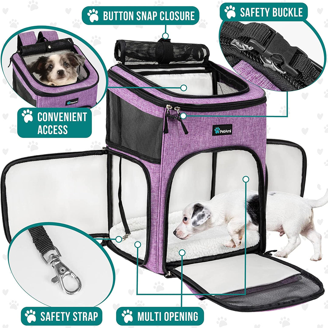 Airline Approved Dog & Cat Backpack Carrier - Ventilated Soft-Sided Pet Carrier for Travel, Hiking & Camping - Fits Pets Up to 18 lbs - Stylish Purple Design