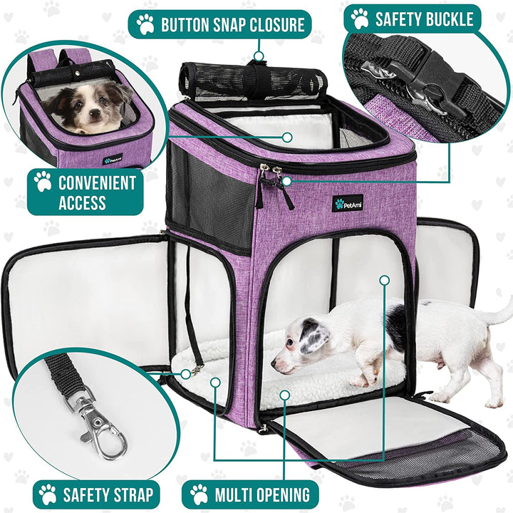 Airline Approved Dog & Cat Backpack Carrier - Ventilated Soft-Sided Pet Carrier for Travel, Hiking & Camping - Fits Pets Up to 18 lbs - Stylish Purple Design