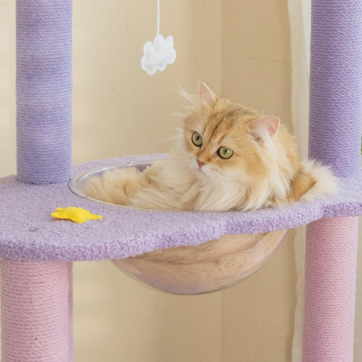 Petlife 65" Moonlight Deluxe Cat Tree Condo Jumbo, Multi-Color Purple, Multi-Level Platforms, Acrylic Hammock, Sisal Boards, Hanging Interactive Toys