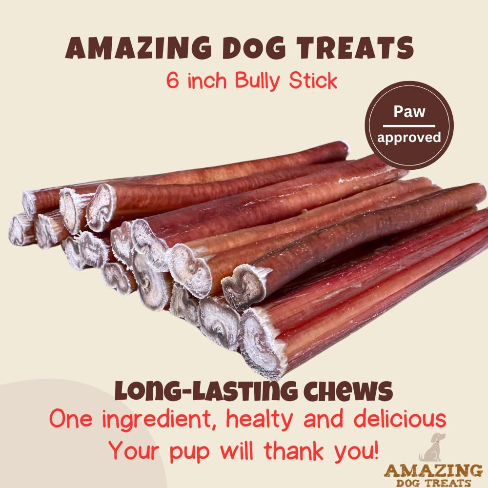 Premium 6-Inch Bully Sticks for Dogs - 25 Count Bulk Pack - All-Natural No Hide Dog Chews