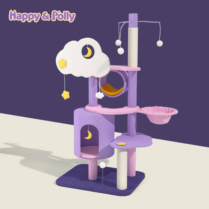 Petlife 65" Moonlight Deluxe Cat Tree Condo Jumbo, Multi-Color Purple, Multi-Level Platforms, Acrylic Hammock, Sisal Boards, Hanging Interactive Toys