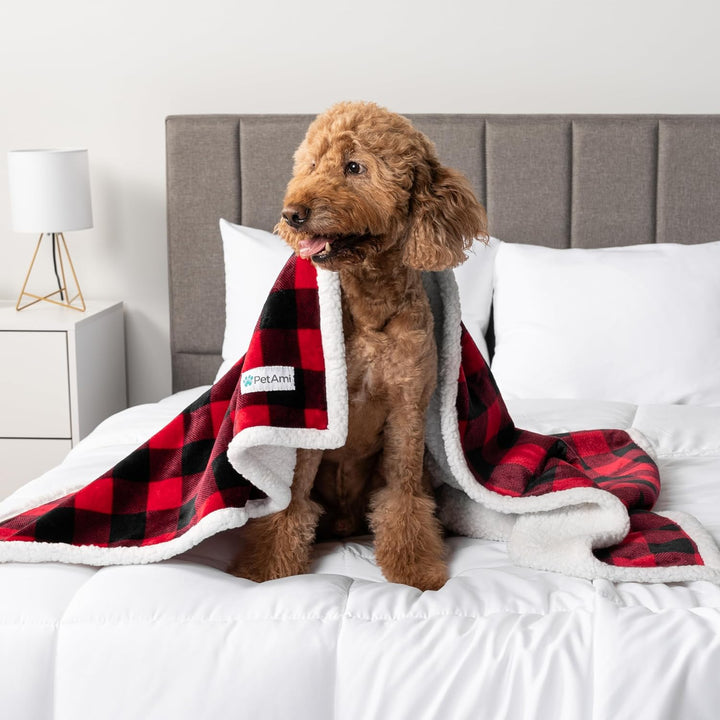 Reversible Waterproof Sherpa Fleece Dog Blanket - Leakproof Couch Cover for Medium to XL Dogs & Cats, Soft & Washable 80x60 Red Checker Plaid