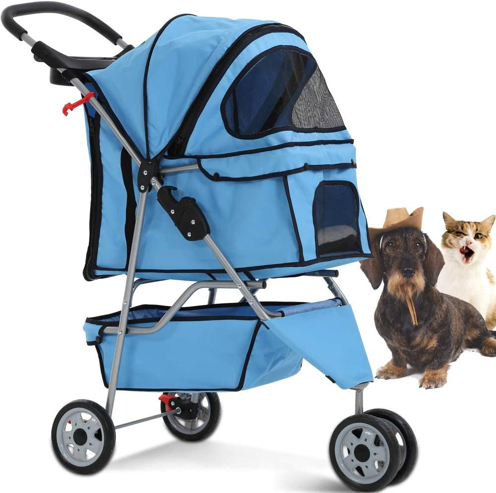 3-Wheel Pet Stroller for Dogs and Cats - Folding Travel Carriage with Cup Holder and Removable Pad