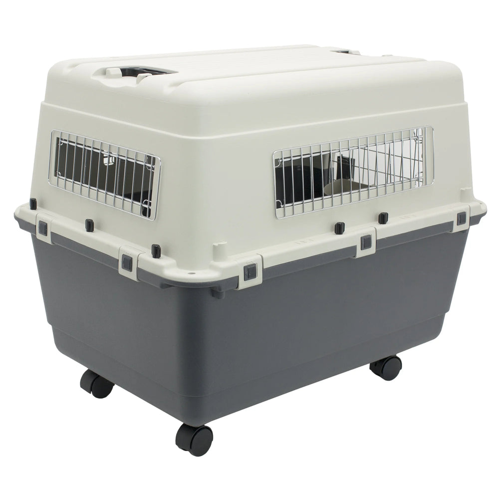 Large Gray Rolling Plastic Dog Kennel with Wire Door - Perfect Travel Crate!