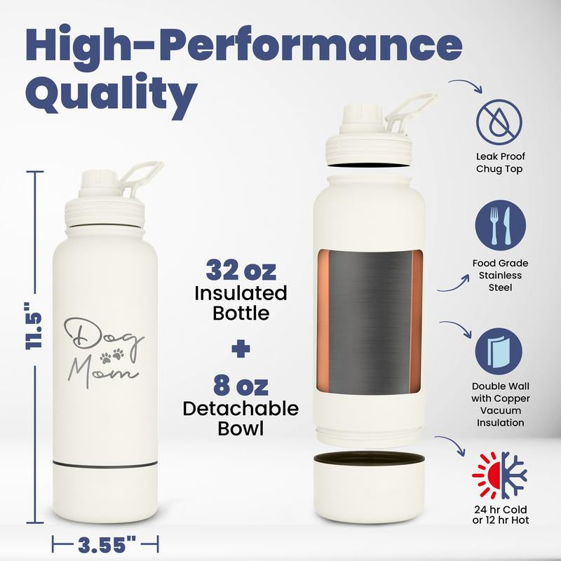 Ultimate Dog Water Bottle - 32 Oz Insulated Stainless Steel with 8 Oz Detachable Bowl - Perfect Gift for Dog Lovers!