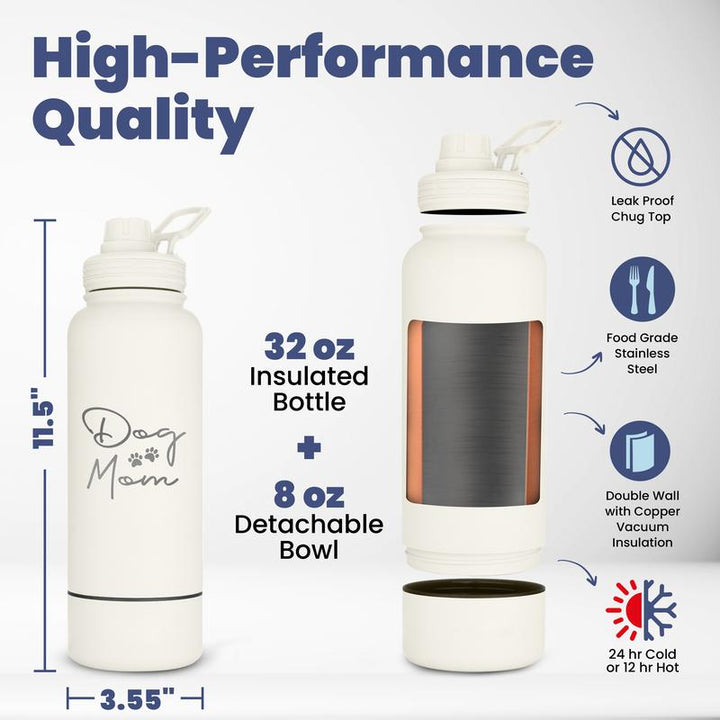 Ultimate Dog Water Bottle - 32 Oz Insulated Stainless Steel with 8 Oz Detachable Bowl - Perfect Gift for Dog Lovers!