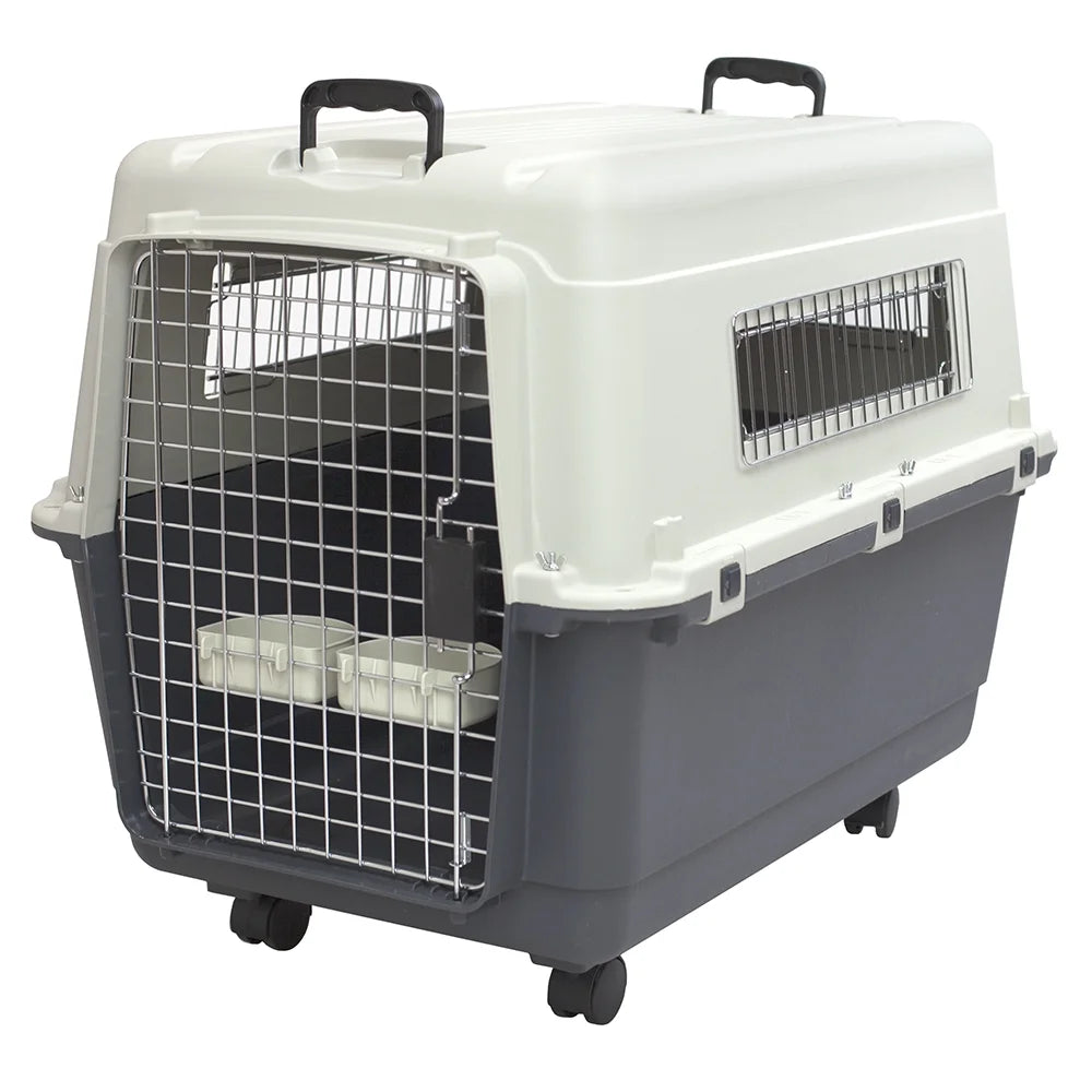 Large Gray Rolling Plastic Dog Kennel with Wire Door - Perfect Travel Crate!