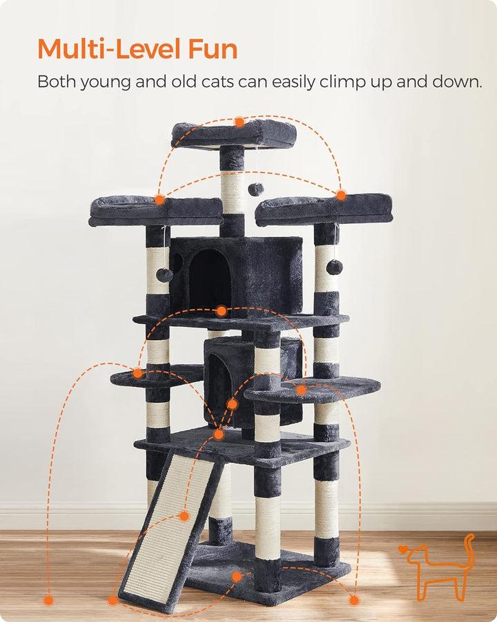 Luxurious 67-Inch Multi-Level Cat Tree for Large Cats - Cozy Perches & Sturdy Design in Smoky Gray