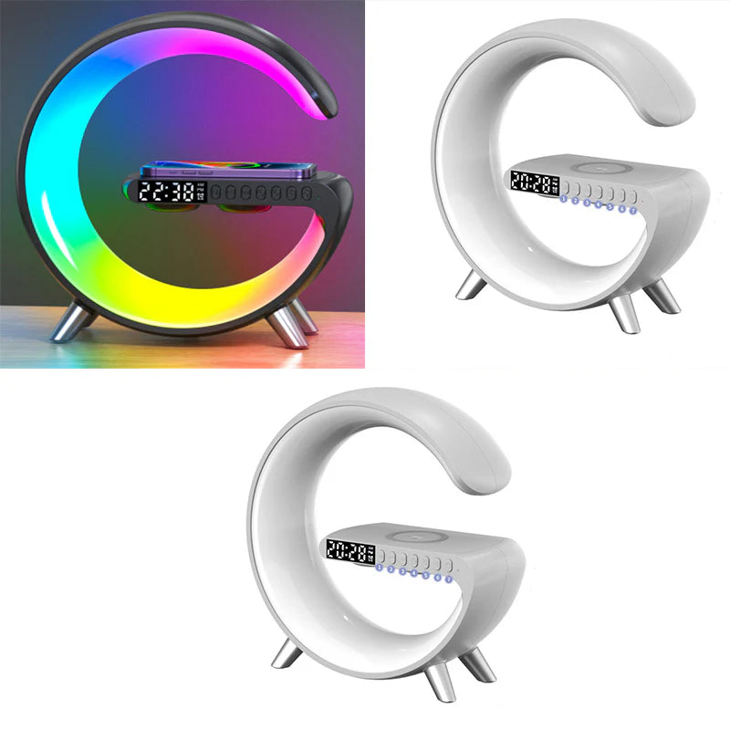 Smart G-Shaped LED Lamp with Bluetooth Speaker & Wireless Charger - App-Controlled Atmosphere Light for Bedroom & Home Decor