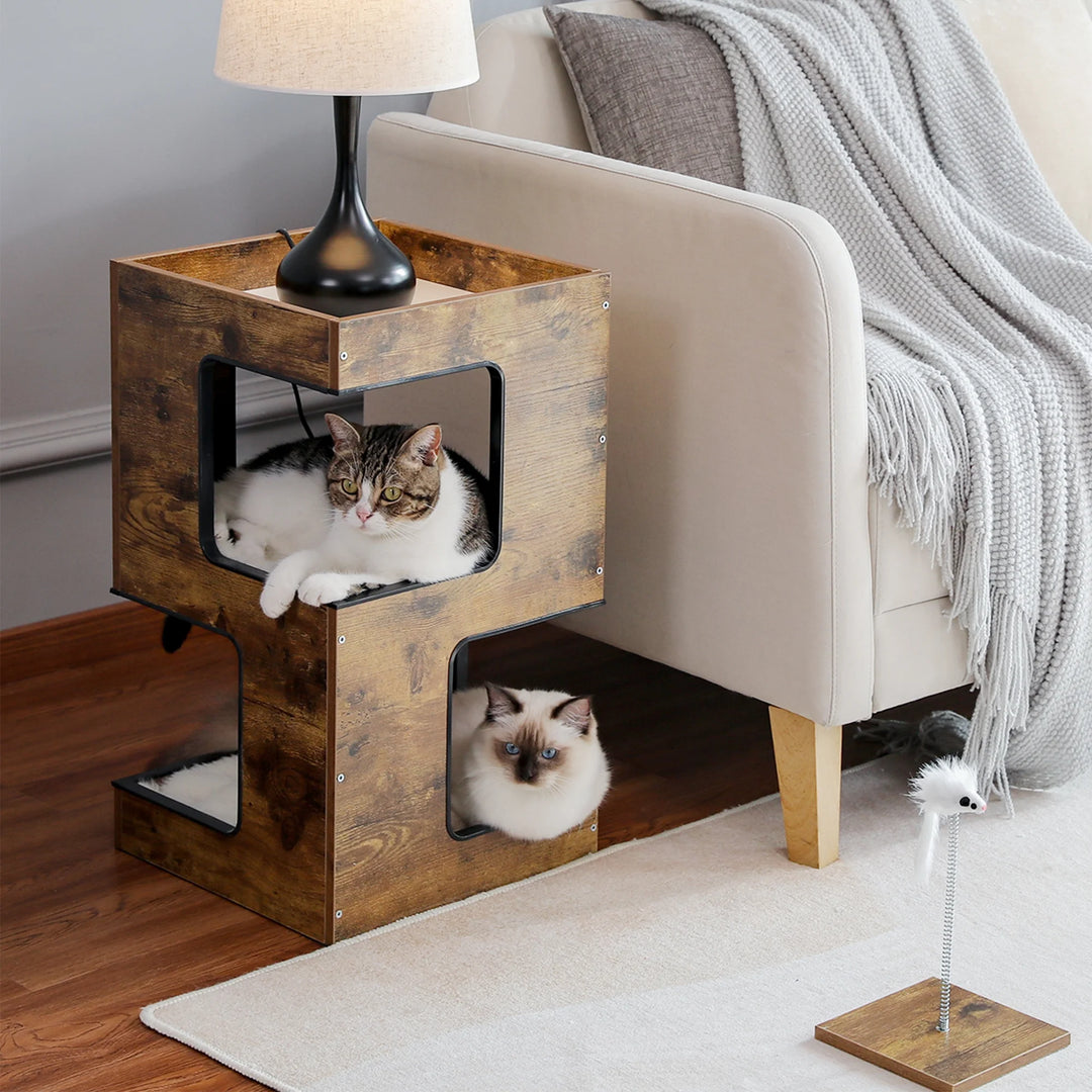 Stylish 23" Wooden Cat House - Modern Indoor Cat Tree with Free Toy, Scratching Pad & Soft Mats - Cozy Brown Condo for Small Cats