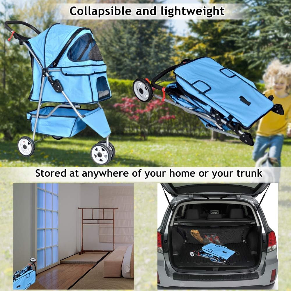 3-Wheel Pet Stroller for Dogs and Cats - Folding Travel Carriage with Cup Holder and Removable Pad