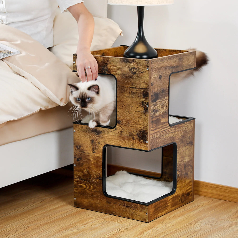 Stylish 23" Wooden Cat House - Modern Indoor Cat Tree with Free Toy, Scratching Pad & Soft Mats - Cozy Brown Condo for Small Cats