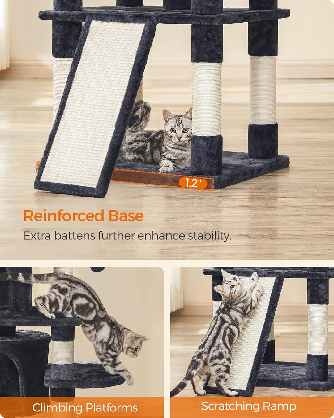 Luxurious 67-Inch Multi-Level Cat Tree for Large Cats - Cozy Perches & Sturdy Design in Smoky Gray