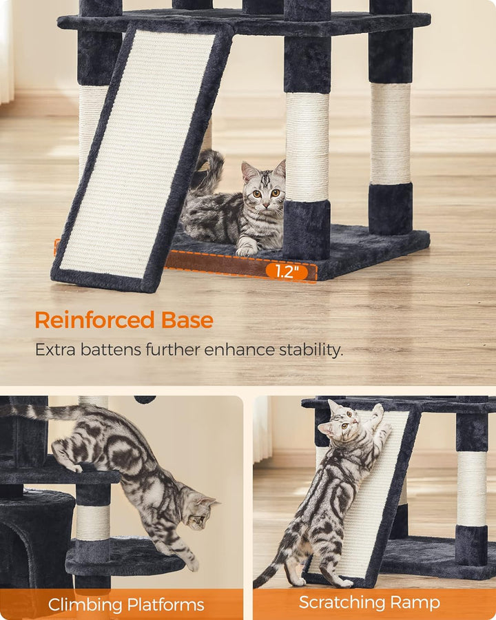 Luxurious 67-Inch Multi-Level Cat Tree for Large Cats - Cozy Perches & Sturdy Design in Smoky Gray